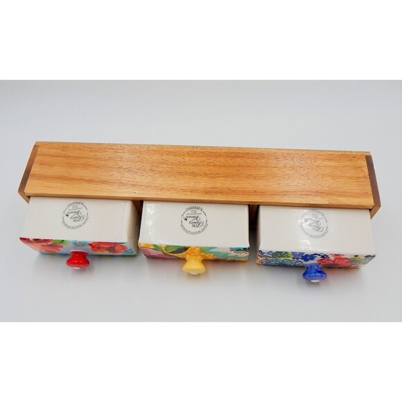 The Pioneer Woman Spice Rack Wood Shelf Ceramic 3-Drawers Bin Floral Melody - Picture 5 of 11